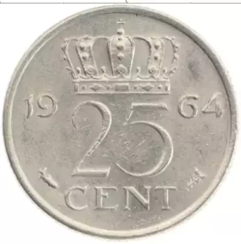 Монета 25 центов Нидерланд 1964 года Медно-никель Юлиана