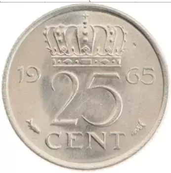 Монета 25 центов Нидерланд 1965 года Медно-никель Юлиана