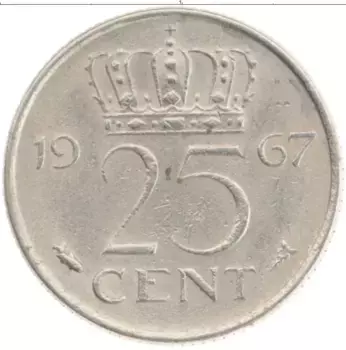 Монета 25 центов Нидерланд 1967 года Медно-никель Юлиана