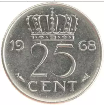 Монета 25 центов Нидерланд 1968 года Медно-никель