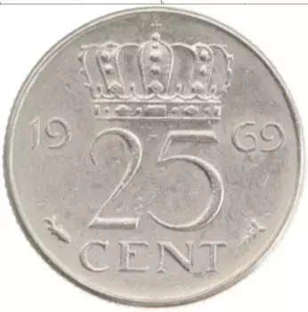 Монета 25 центов Нидерланд 1969 года Медно-никель Юлиана