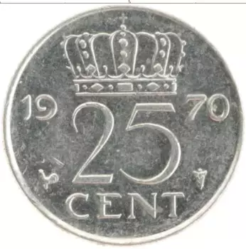 Монета 25 центов Нидерланд 1970 года Медно-никель Юлиана