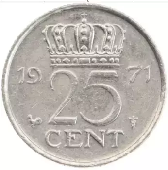 Монета 25 центов Нидерланд 1971 года Медно-никель Юлиана