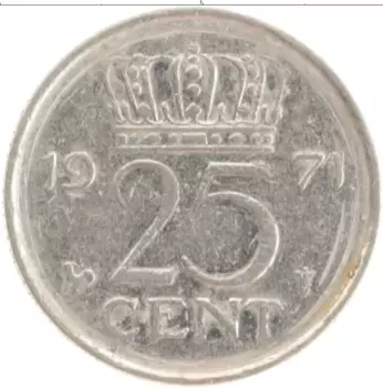 Монета 25 центов Нидерланд 1971 года Медно-никель Юлиана
