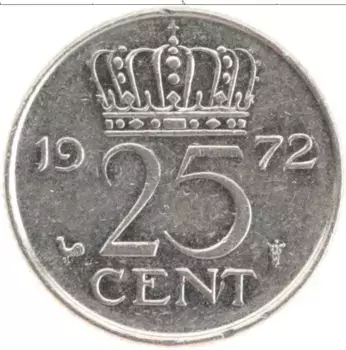 Монета 25 центов Нидерланд 1972 года Медно-никель Юлиана