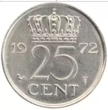 Монета 25 центов Нидерланд 1972 года Медно-никель Юлиана
