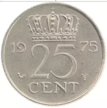Монета 25 центов Нидерланд 1975 года Медно-никель Юлиана