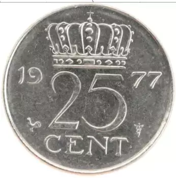 Монета 25 центов Нидерланд 1977 года Медно-никель Юлианна