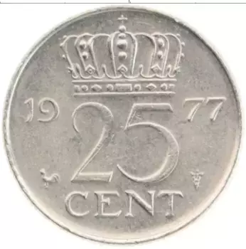 Монета 25 центов Нидерланд 1977 года Медно-никель Юлиана