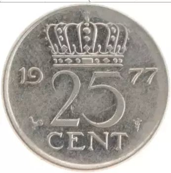 Монета 25 центов Нидерланд 1977 года Медно-никель Юлиана