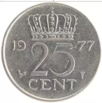 Монета 25 центов Нидерланд 1977 года Медно-никель Юлиана