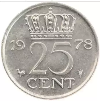 Монета 25 центов Нидерланд 1978 года Медно-никель Юлиана
