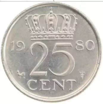 Монета 25 центов Нидерланд 1980 года Медно-никель Юлиана