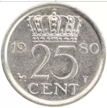 Монета 25 центов Нидерланд 1980 года Медно-никель