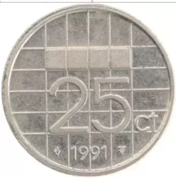 Монета 25 центов Нидерланд 1991 года Медно-никель Беатрикс