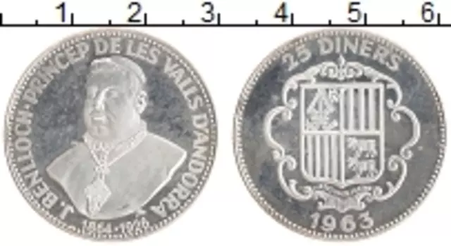 Монета 25 динерс Андорры 1963 года Серебро 100 лет со дня рождения Джона Бенлоха