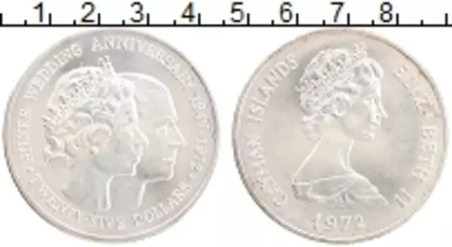 Монета 25 долларов Каймановых островов 1972 года Серебро 25 лет свадьбы Королевы Елизаветы II и принца Филиппа