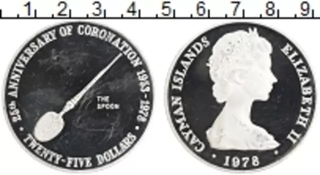 Монета 25 долларов Каймановых островов 1978 года Серебро 25 лет коронации Елизаветы II