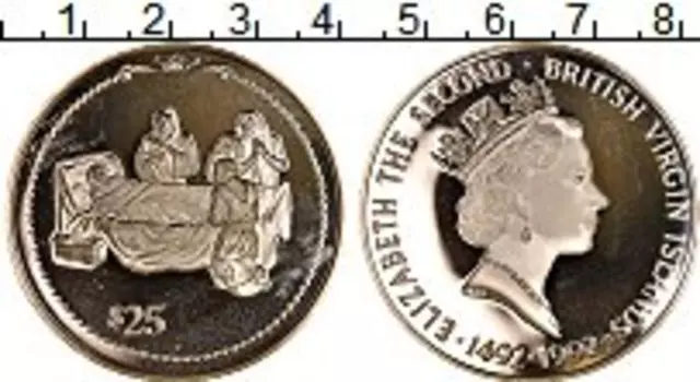 Монета 25 долларов Виргинских островов 1992 года Серебро Елизавета II, 500 лет открытия Америки
