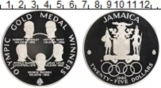 Монета 25 долларов Ямайки 1980 года Серебро Золотые медалисты олимпиад
