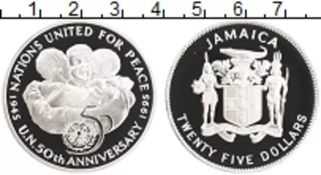 Монета 25 долларов Ямайки 1995 года Серебро 50 лет ООН