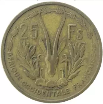 Монета 25 франков Французской Западной Африки 1956 года Латунь