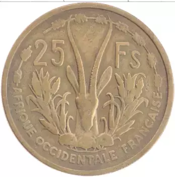 Монета 25 франков Французской Западной Африки 1956 года Латунь