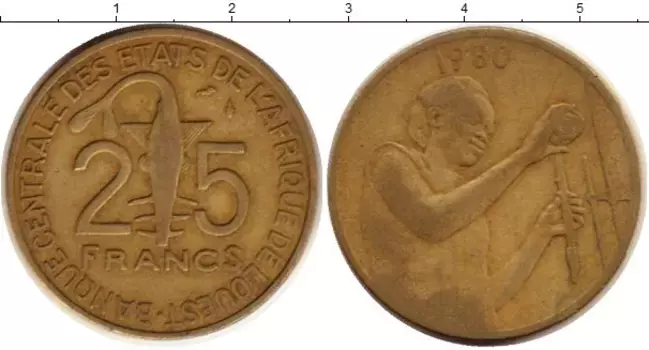 Монета 25 франков Западной Африки 1980 года Латунь ФАО