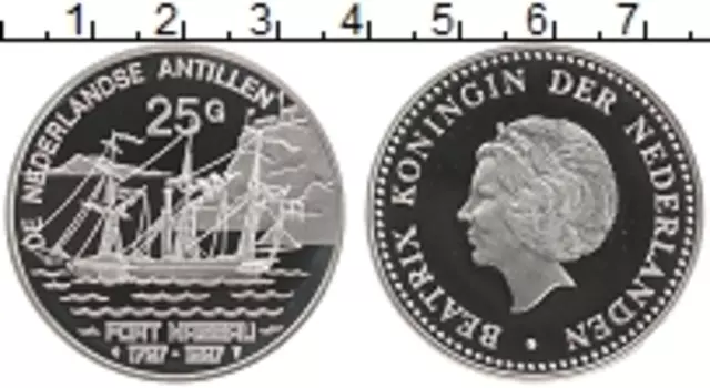 Монета 25 гульденов Антильских островов 1987 года Серебро 200 лет форту Нассау