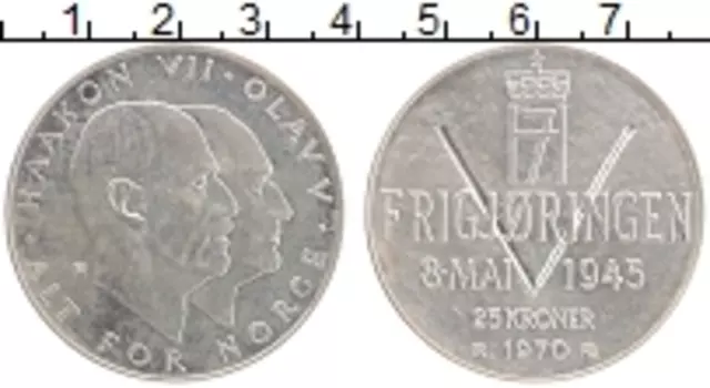 Монета 25 крон Норвегии 1970 года Серебро 25 лет освобождения