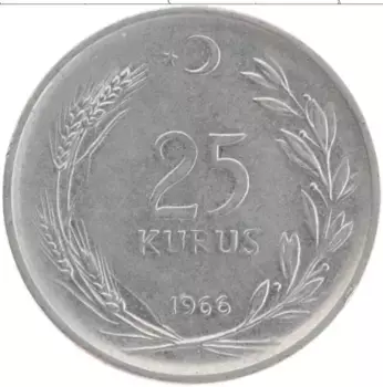 Монета 25 куруш Турции 1966 года Медно-никель
