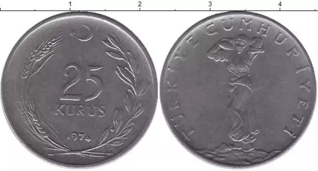 Монета 25 куруш Турции 1974 года Медно-никель