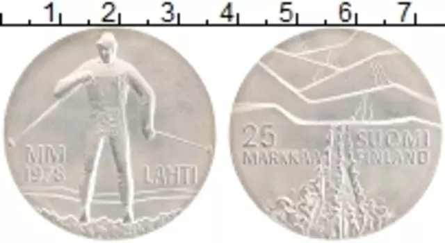 Монета 25 марок Финляндии 1978 года Серебро Чемпионат мира по лыжным видам спорта в Лахти