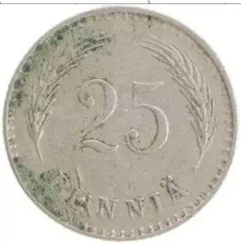 Монета 25 пенни Финляндии 1927 года Медно-никель
