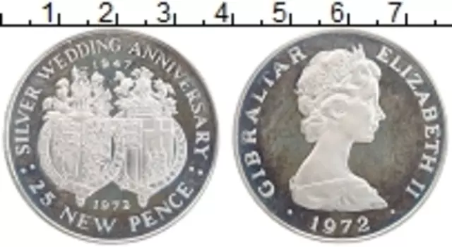 Монета 25 пенсов Гибралтара 1972 года Серебро 25 лет правления королевы Елизаветы II