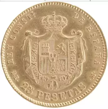 Монета 25 песет Испании 1878 года Золото Альфонсо XII (KM# 673 Проба 900