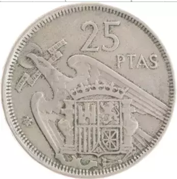Монета 25 песет Испании 1957 года Медно-никель Каудильо Франко