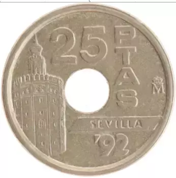 Монета 25 песет Испании 1992 года Бронза Севилья