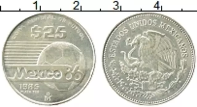 Монета 25 песо Мексики 1985 года Серебро Чемпионат Мира по футболу