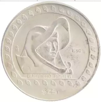 Монета 25 песо Мексики 1992 года Серебро Воины-орлы