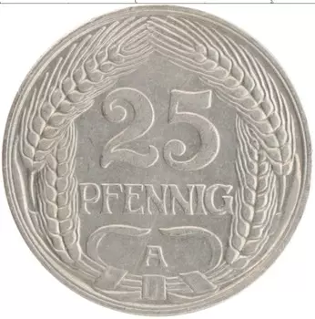 Монета 25 пфеннигов Германии 1910 года Медно-никель А