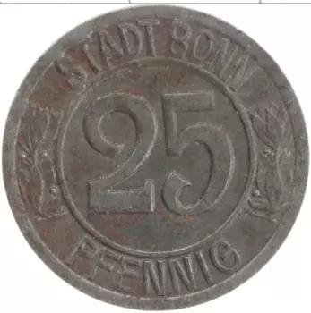 Монета 25 пфеннигов Германия : Нотгельды 1920 года Железо Бонн