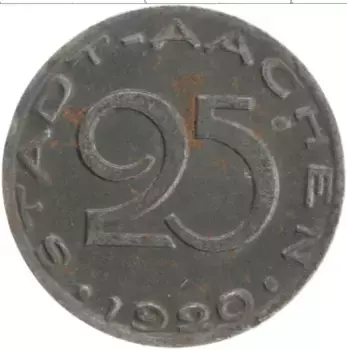 Монета 25 пфеннигов Германия : Нотгельды 1920 года Железо Аахен