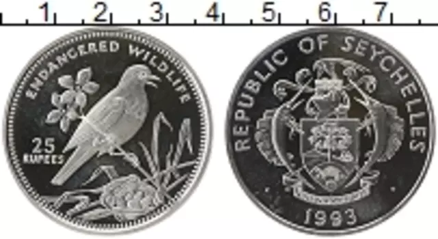 Монета 25 рупий Сейшел 1993 года Серебро Сохранение животного мира, Птица