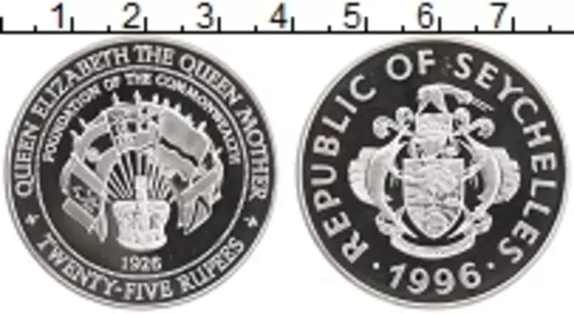 Монета 25 рупий Сейшел 1996 года Серебро Жизнь и эпоха Королевы-матери