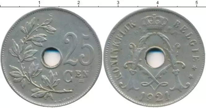 Монета 25 сантим Бельгии 1921 года Медно-никель