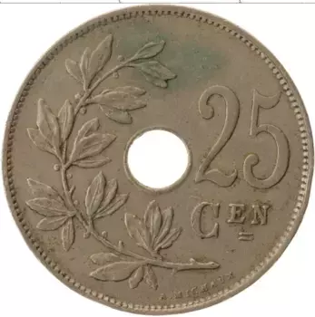 Монета 25 сантим Бельгии 1921 года Медно-никель