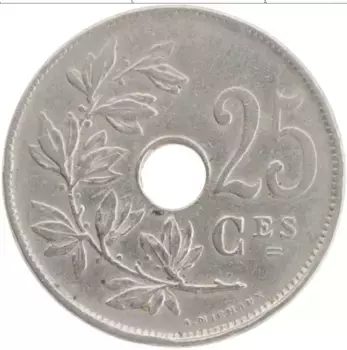 Монета 25 сантим Бельгии 1921 года Медно-никель Альберт