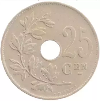 Монета 25 сантим Бельгии 1921 года Медно-никель Альберт I