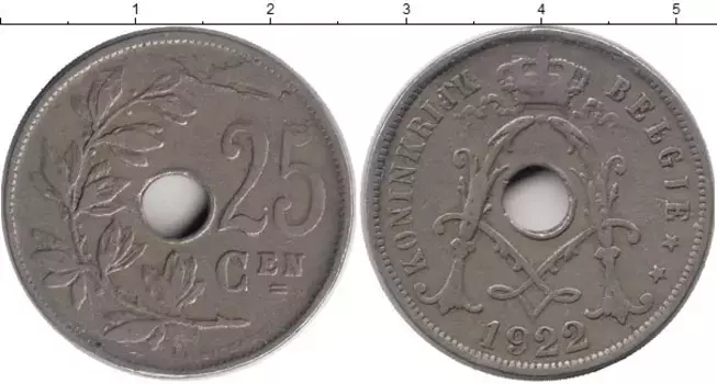 Монета 25 сантим Бельгии 1922 года Медно-никель